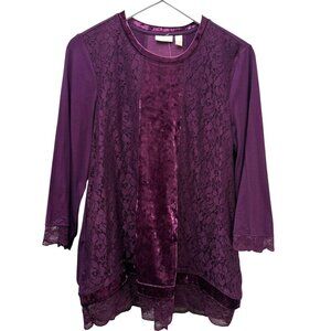 LOGO Lori Goldstein Plum Velvet Top Small Boho Lace Patchwork Purple Tee NWOT